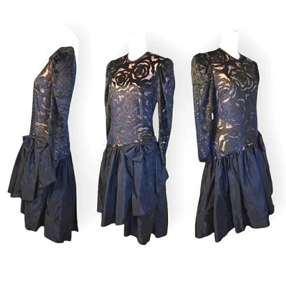 VTG 80s Black Floral Velvet Satin Bow  Long Sleeve Prom Dress *Fits like Small - Picture 1 of 16